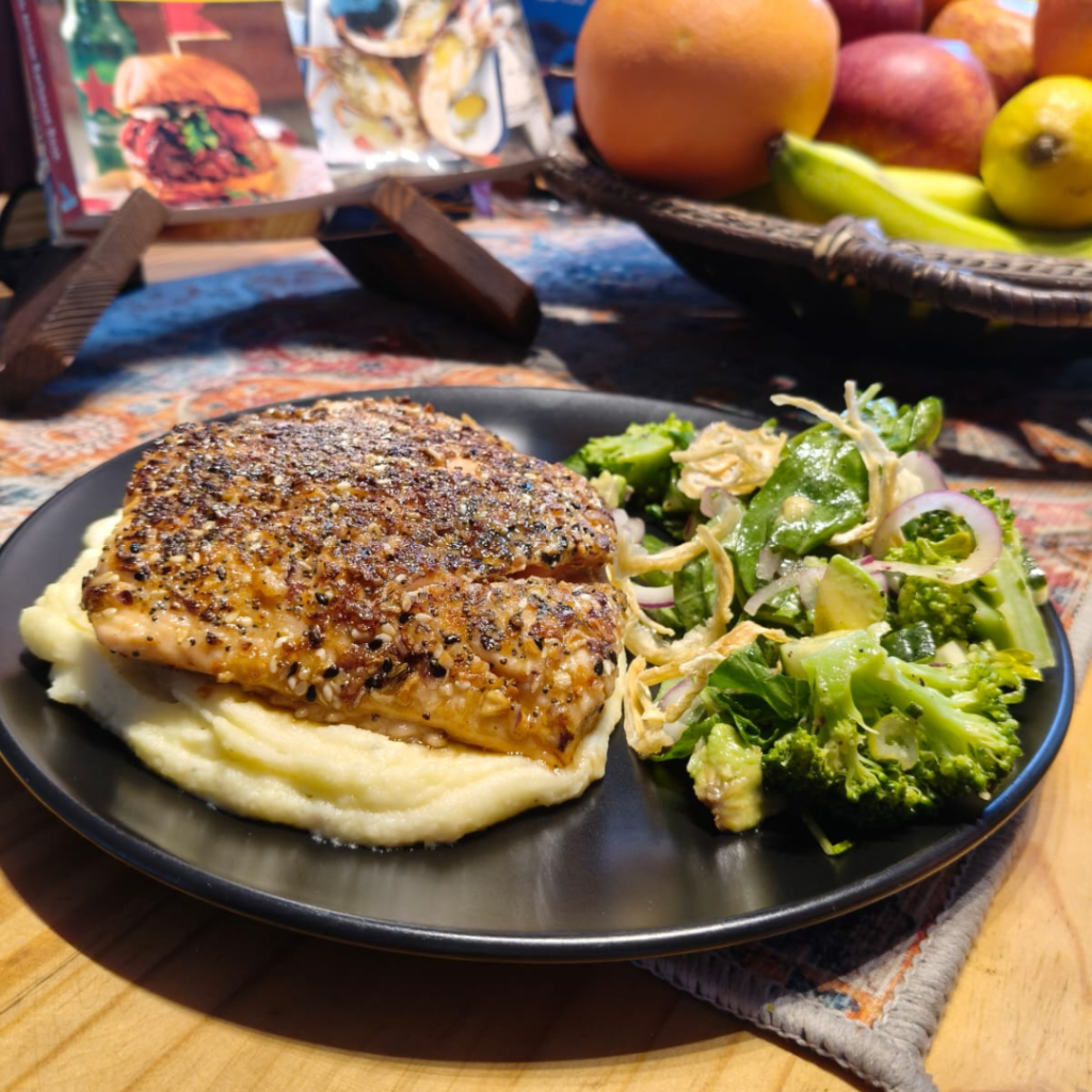 Seared Salmon, Sweet potato mash with green salad